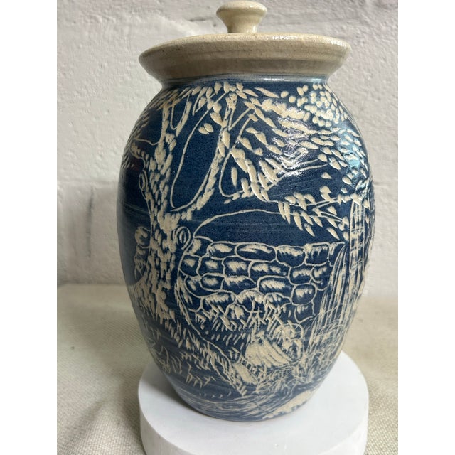 Ceramic 1988 Turn & Burn Seagrove Nc Hand-Carved Blue Stoneware Covered Jar For Sale - Image 7 of 11
