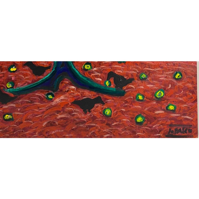 Mid-Century Modern Expressive Tree With Birds and Golden Fruit – Oil on Board Landscape by Jo Patch For Sale - Image 3 of 7