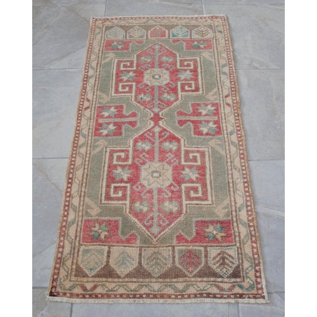 Green 1960s Small Turkish Rug Hand Knotted Entryway Mat Bath Rug Kitchen Decor - 21'' X 45'' For Sale - Image 8 of 11