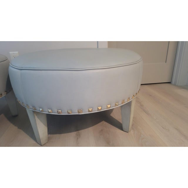 American Leather Pair of Custom Round Dove Grey Leather Ottomans For Sale - Image 4 of 7