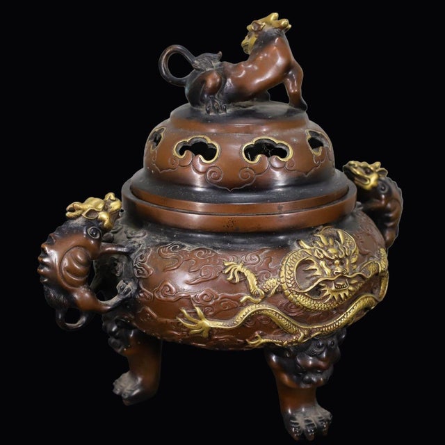 Large Vintage Gilt Bronze Tripod Censer With Dragon and Beast Motifs For Sale - Image 4 of 10