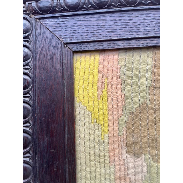 Arts & Crafts Red Cabin on Lake With Sailboat Needlework - Wide Oak Egg & Dart Frame Under Glass - Arts & CraftsCirca 1930's For Sale - Image 3 of 5