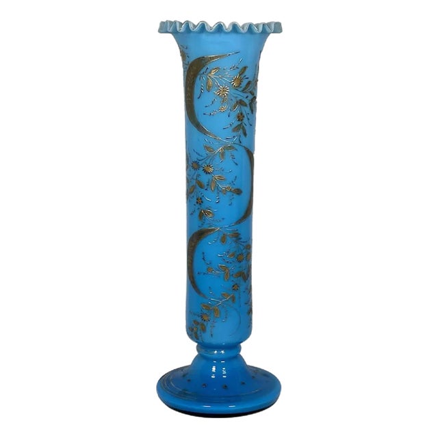 19th Century Victorian Moser Blue Opaline Glass Vase: Gilt Floral Decor, 15.5" For Sale