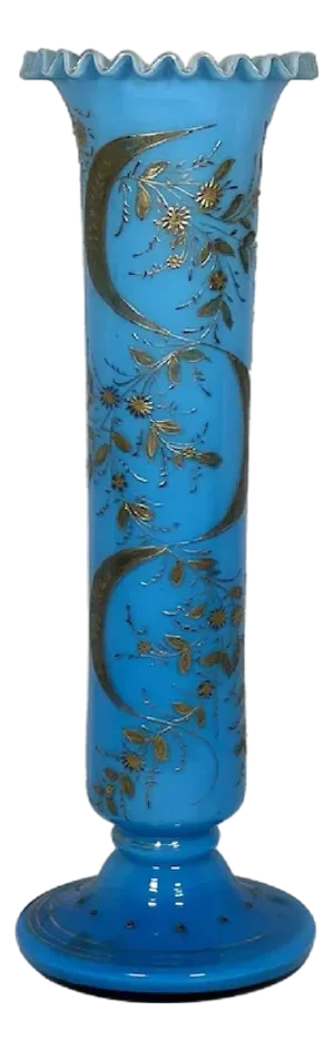 19th Century Victorian Moser Blue Opaline Glass Vase: Gilt Floral Decor, 15.5"