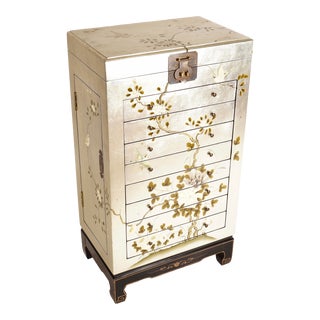 1970s Vintage Chinoiserie Jewelry Chest With Silver Leaf and Hand Painted With Birds and Flowers For Sale