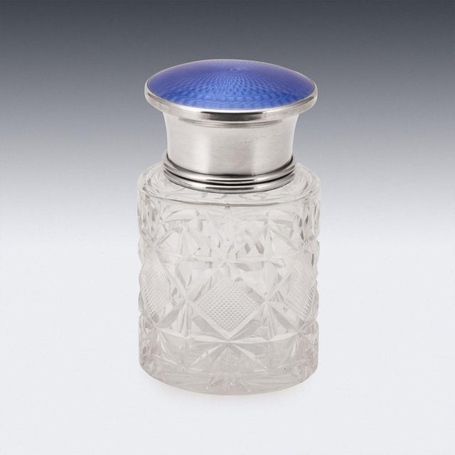 20thc English Silver, Guilloché Enamel & Cut Crystal Jar, London 1929 For Sale - Image 3 of 14