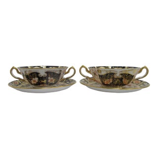 Early 20th Century Royal Crown Derby 2451 Traditional Imari Bone China Soup Cup Bowl & Saucer Set - 4pcs For Sale