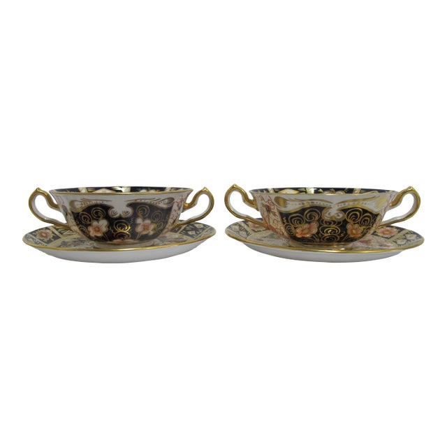 Early 20th Century Royal Crown Derby 2451 Traditional Imari Bone China Soup Cup Bowl & Saucer Set - 4pcs For Sale