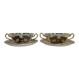 Early 20th Century Royal Crown Derby 2451 Traditional Imari Bone China Soup Cup Bowl & Saucer Set - 4pcs