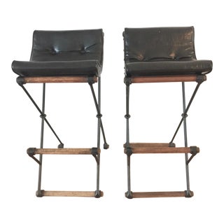 Original Cleo Baldon Campaign Iron & Oak Barstools - A Pair For Sale