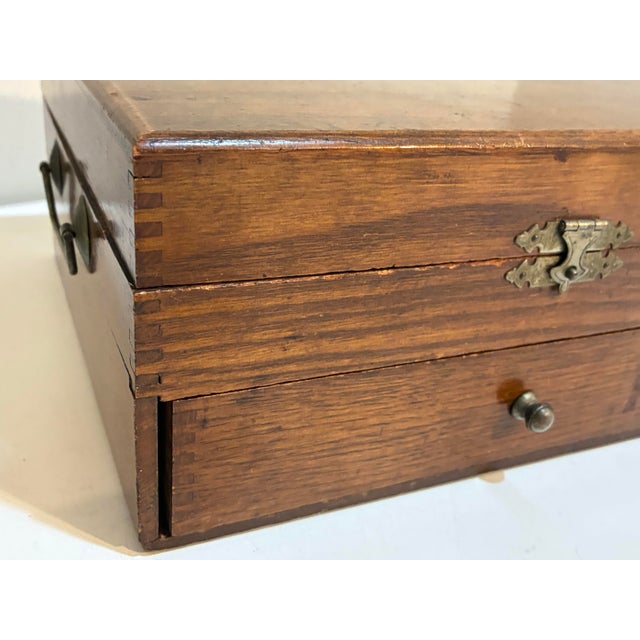 Antique Wood Storage Box With Drawer - Dovetail Joints - Brass Hardware C. 1900 For Sale - Image 10 of 11