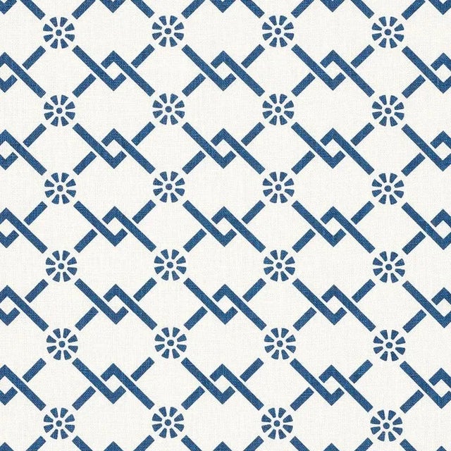 Sample - Schumacher X Timothy Corrigan Fretwork Flower Fabric in Pacific For Sale