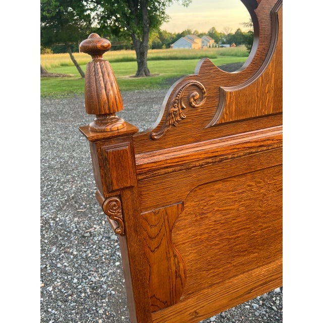 1990s Lexington Carved Victorian Mansion Oak Bed - Queen Size For Sale - Image 5 of 12