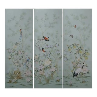 Hand Painted Pale Mint Chinoiserie Floral Crane & Long‑Tailed Bird Mural 3‑Panel Set For Sale