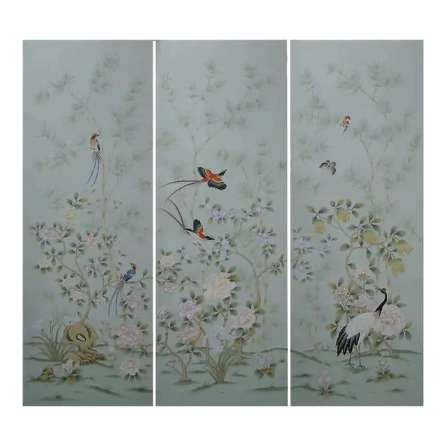 Hand Painted Pale Mint Chinoiserie Floral Crane & Long‑Tailed Bird Mural 3‑Panel Set For Sale