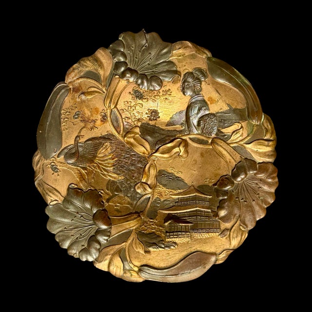 Japanese Antique Japanese Meiji Period Mixed-Metal Floral Relief Wall Plaque W/ Geisha & Crane For Sale - Image 3 of 9