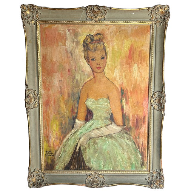 This is a fantastic Esther Seymour Stevenson 1950's portrait of a beautiful young woman dressed in a strapless mint green...