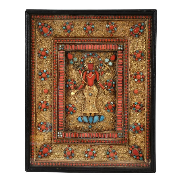 Nepalese Gilt Filigree Plaque With Coral and Turquoise Inlay Deity Art For Sale