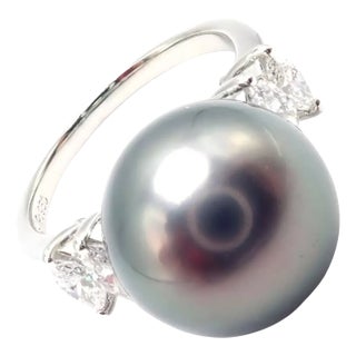 Mikimoto Large Tahitian Pearl Diamond Platinum Ring For Sale