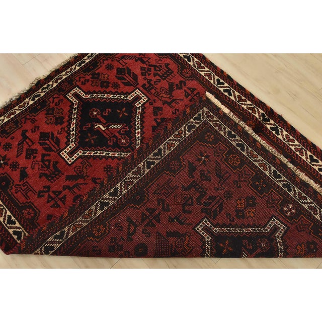 Shiraz Rug 3’11” X 5’2” Red Wool Vintage Tribal Hand-Knotted Oriental Carpet For Sale - Image 12 of 13