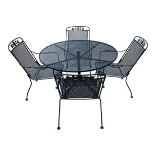 Vintage 1960s Woodard Wrought Iron Patio Table and 4 Chairs For Sale