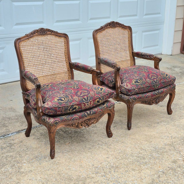 Late 20th Century Louis XV Carved Walnut Cane Back Arm Chairs Fauteuils, a Pair For Sale - Image 18 of 18