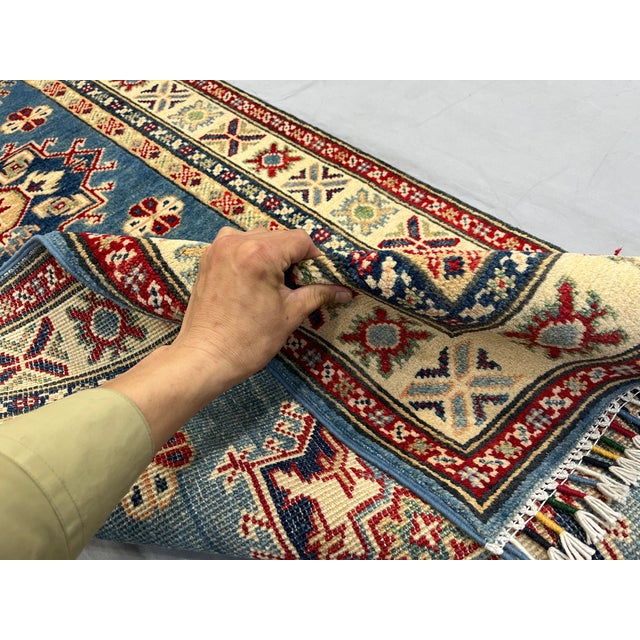 Blue and Cream Kazak-Style Wool Runner Rug With Tribal Medallions, 2'8" X 9'7" For Sale - Image 9 of 15