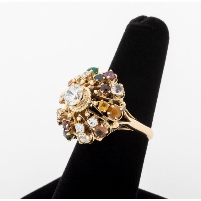 14k Yellow Gold and Multicolored Gemstone Cluster Ring For Sale - Image 4 of 13