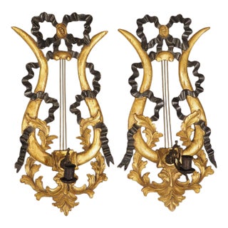 Pair of Italian Giltwood and Ebonized Louis XVI Style Lyre Form Sconces, 1950s For Sale