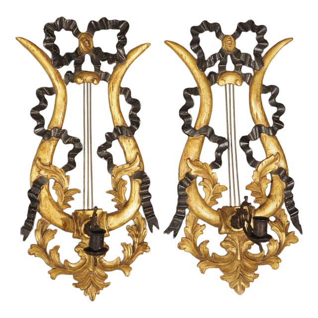 Pair of Italian Giltwood and Ebonized Louis XVI Style Lyre Form Sconces, 1950s For Sale
