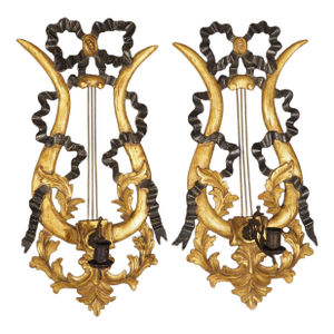 Pair of Italian Giltwood and Ebonized Louis XVI Style Lyre Form Sconces, 1950s