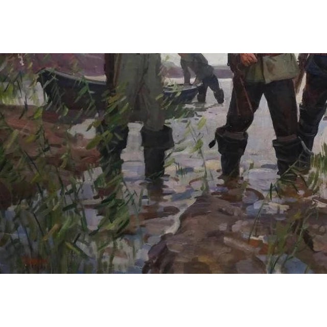 Soviet Hunters Oil Painting, Ukrainian Art, 1960s Canvas 100-150 For Sale - Image 6 of 6