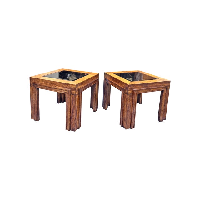 Vintage Pair of Side or Accent End Tables Wood and Glass in Baker Attributed Style Unique modern design. A pair