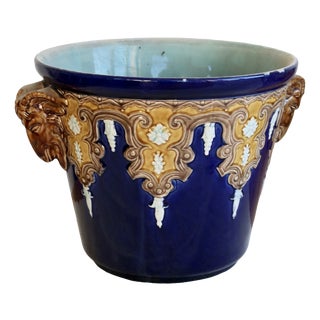 Antique Fives-Lille Cachepot in Blue Glazed Ceramic with Neo-Renaissance Decor by Gustave De Bruyn, 19th Century For Sale