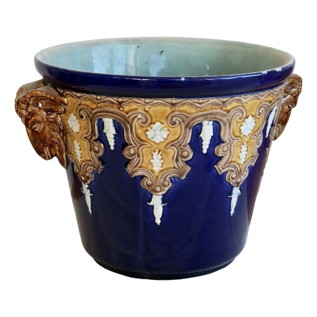 Antique Fives-Lille Cachepot in Blue Glazed Ceramic with Neo-Renaissance Decor by Gustave De Bruyn, 19th Century For Sale