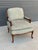 Vintage Hickory White French Provincial-style fauteuil or bergère armchair with exposed wood frame and sage green brocade...
