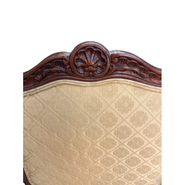 Ethan Allen French Louis XV Style Carved Cherry Armchair in Cream Damask For Sale - Image 9 of 11