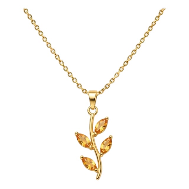 Citrine Vine Branch Pendant | Nature Inspired Marquise Leaf Pendant | Dainty Yellow Gemstone Charm Pendant For Sale