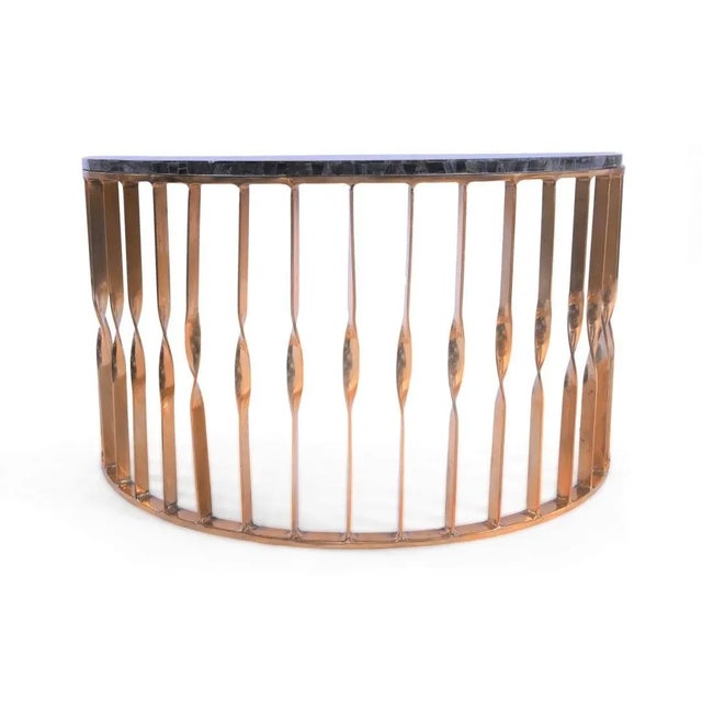 Rare and Unique Handcrafted Blue Tiger Eye Hemisphere Accent Table set on beautifully styled metal base with brass finish....