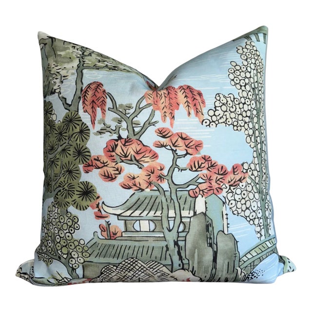 Thibaut Asian Scenic Pillow Cover in Coral, 20x20 Pillow For Sale