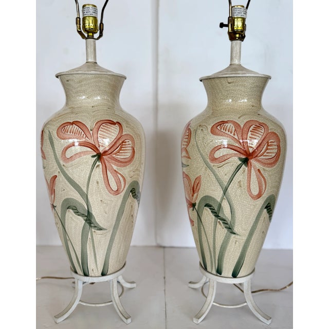Pair of Ceramic Table Lamps With Hand Painted Flowers & Crackle Finish on Metal Stands. For Sale - Image 4 of 9