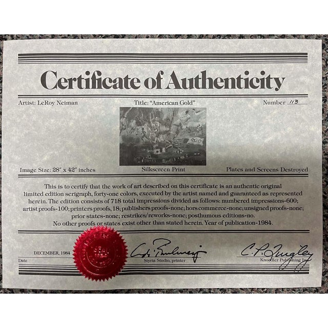 Impressionist LeRoy Neiman "American Gold" Hand Signed & # Serigraph Sports Olympic Unframed For Sale - Image 3 of 7