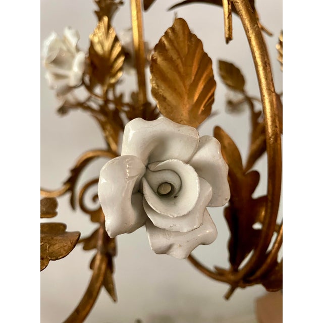 French Vintage Italian Style Gilt Tole Chandelier With Porcelain Roses For Sale - Image 3 of 12