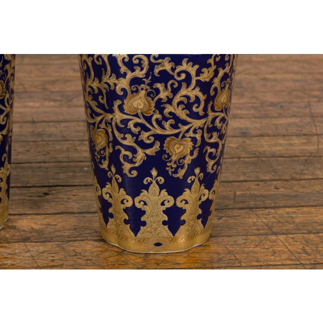 Vintage Dark Blue & Gold Vases with Intricate Design - A Pair For Sale - Image 10 of 12