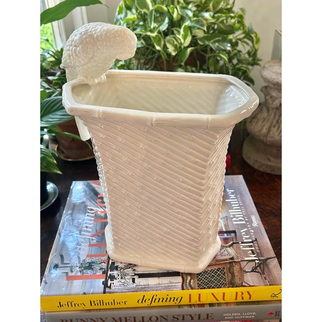 Chinoiserie 1970s Fitz & Floyd White Parrot Faux Bamboo Chinoiserie Planter Japan For Sale - Image 3 of 11