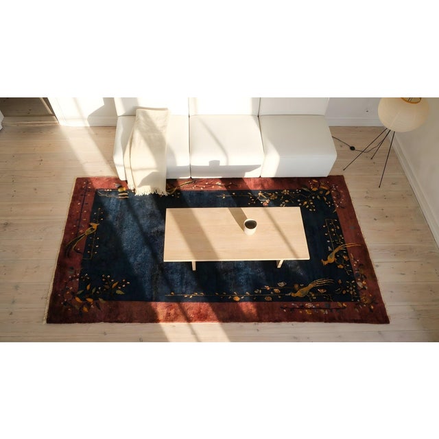 1920s Blue Navy Minimalist Bird Antique Chinese Art Deco Carpet 6' X 8'9" Knotted Wool Rug For Sale - Image 14 of 15