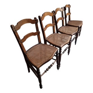 Antique French Dining Chairs with Woven Cane Seats in Beech, 1900, Set of 4 For Sale