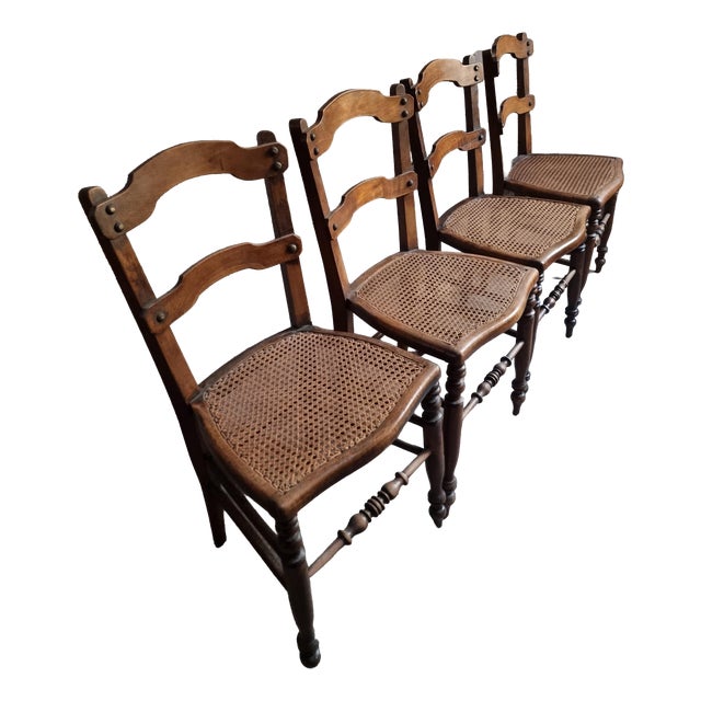 Antique French Dining Chairs with Woven Cane Seats in Beech, 1900, Set of 4 For Sale
