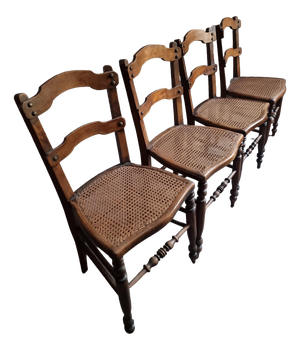Antique French Dining Chairs with Woven Cane Seats in Beech, 1900, Set of 4