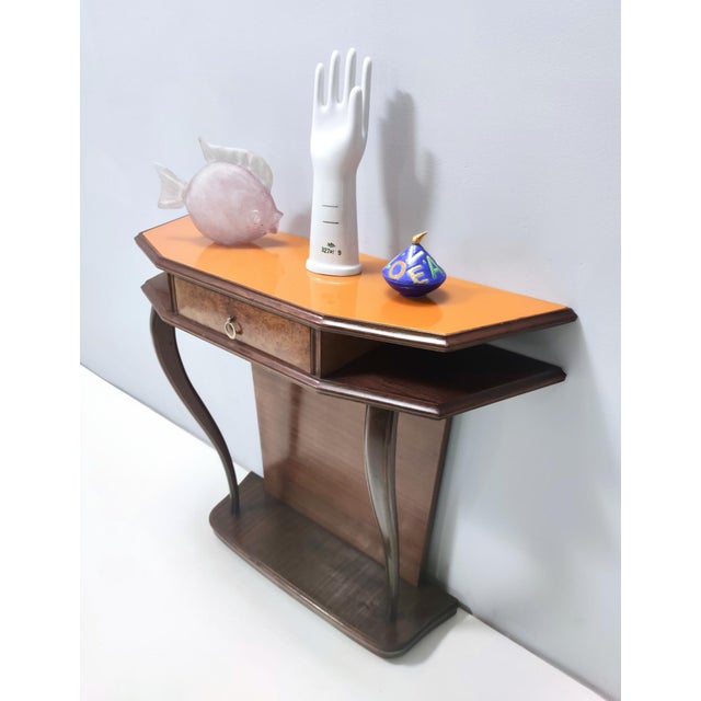 Mid-Century Modern Vintage Beech and Walnut Root Console Table with Orange Glass Top, 1950s For Sale - Image 3 of 15